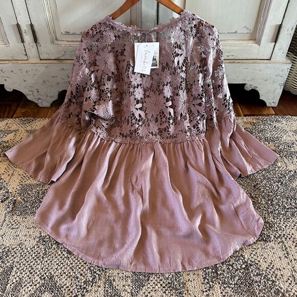 Cotton Blouse 3/4 Sleeve Button Front Floral Purple Top - Picture 7 of 8